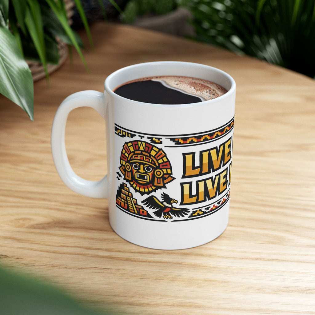 Live Free, Live Happy Ceramic Mug | Aztec Sun Inspirational Cup by PapisDailyRoast™