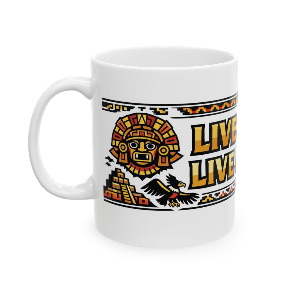 Live Free, Live Happy Ceramic Mug | Aztec Sun Inspirational Cup by PapisDailyRoast™