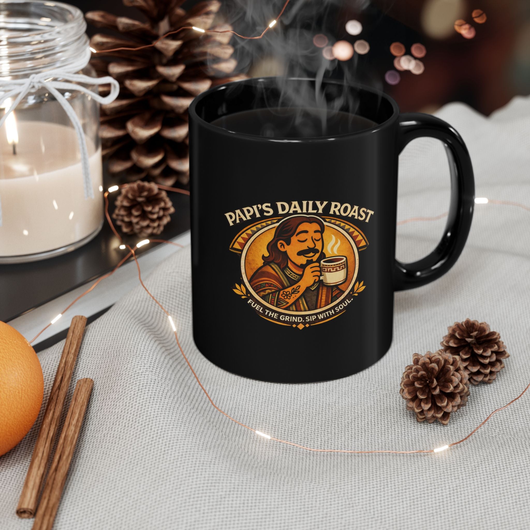 Retro Coffee Mug — "Always Daily Roast" Black Ceramic Coffee Cup (11oz/15oz)