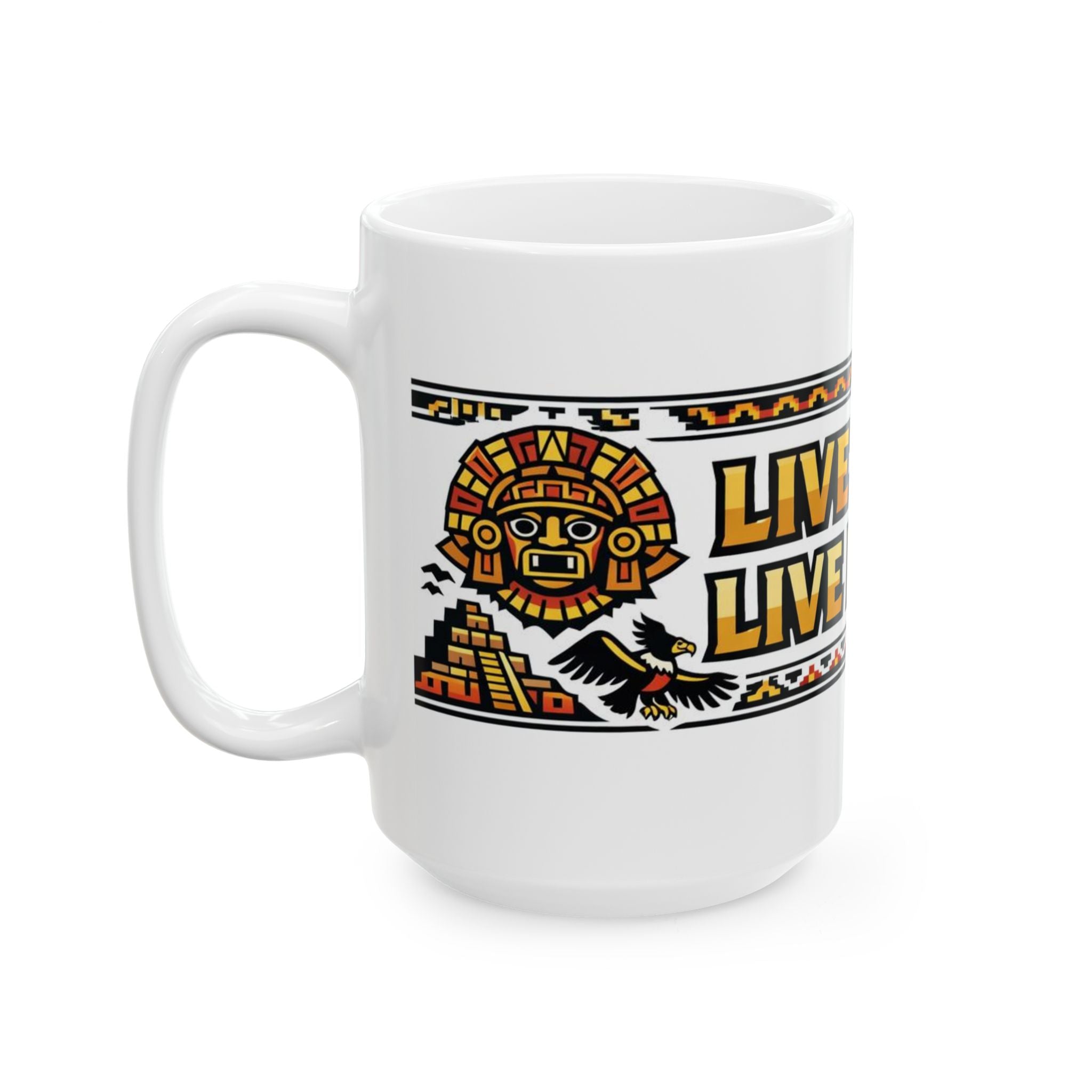 Live Free, Live Happy Ceramic Mug | Aztec Sun Inspirational Cup by PapisDailyRoast™