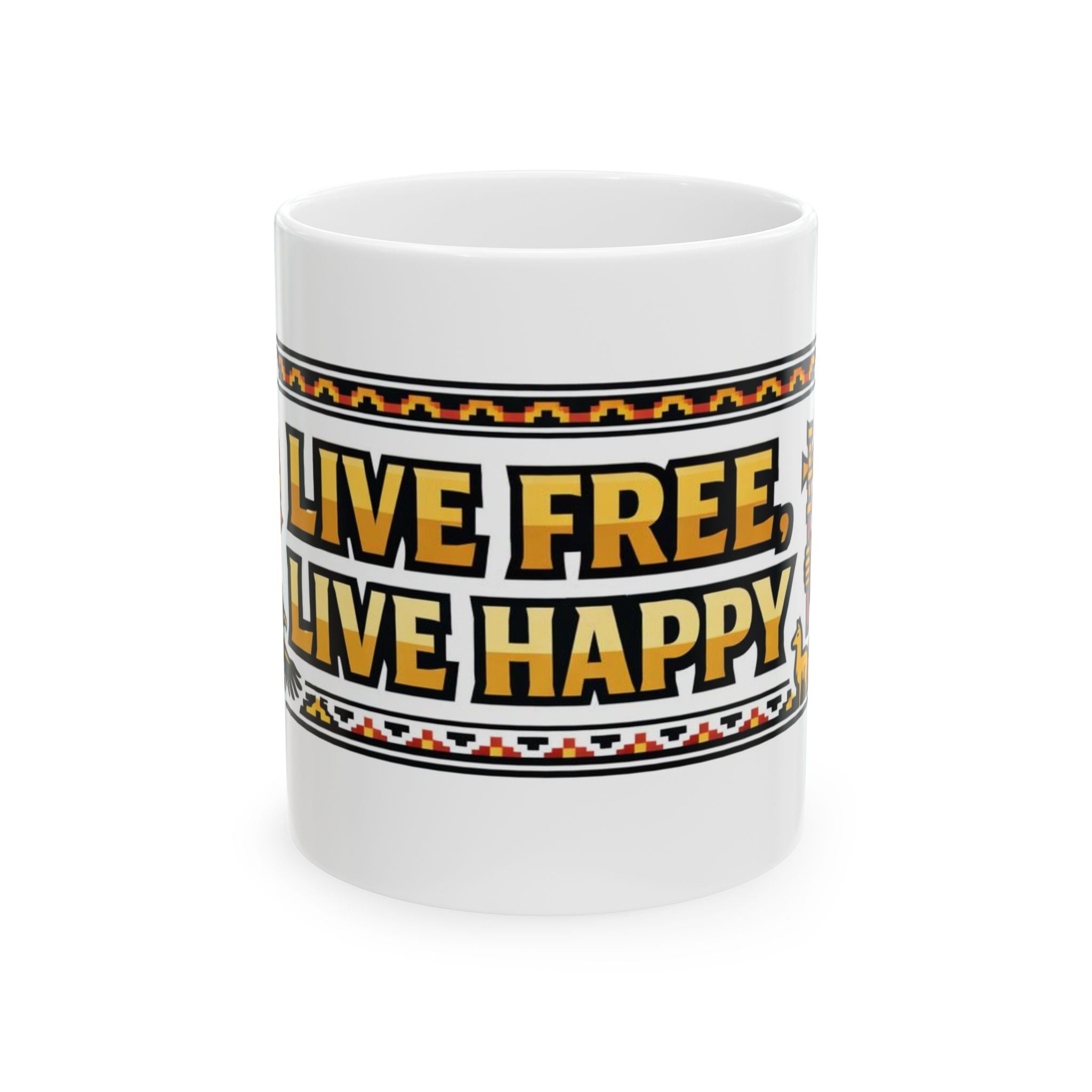 Live Free, Live Happy Ceramic Mug | Aztec Sun Inspirational Cup by PapisDailyRoast™