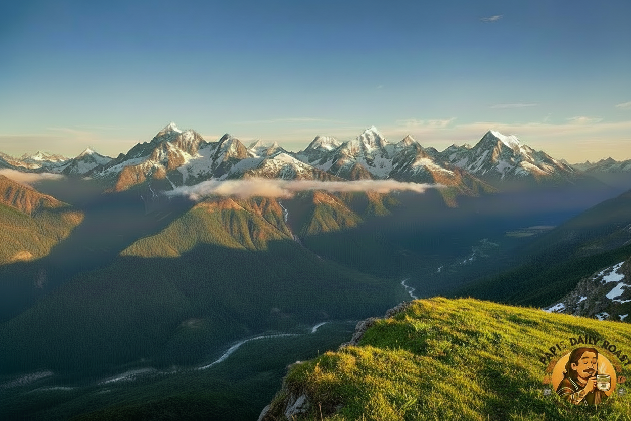 Andes Mountain range with snow-capped peaks and a clear blue sky, featuring the 'Papa's Daily Roast' logo.