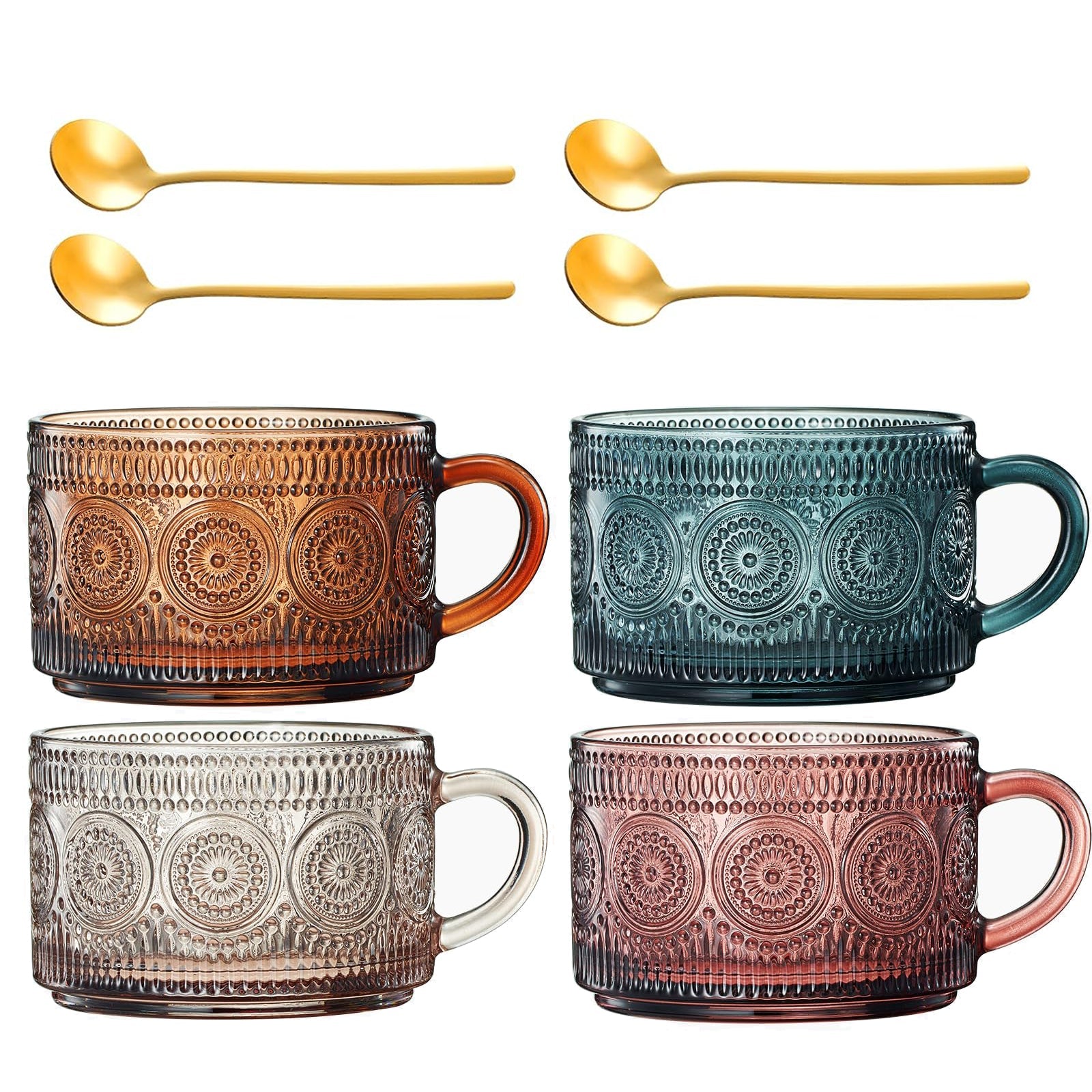 Colored Vintage Coffee Mug Set | Set of 4 | 15oz Unique Flower Hobnail Glasses, Overnight Oats Container with Gold Spoons - Embossed Cups Cute Coffee Bar Accessories, Glassware (Muted)-0